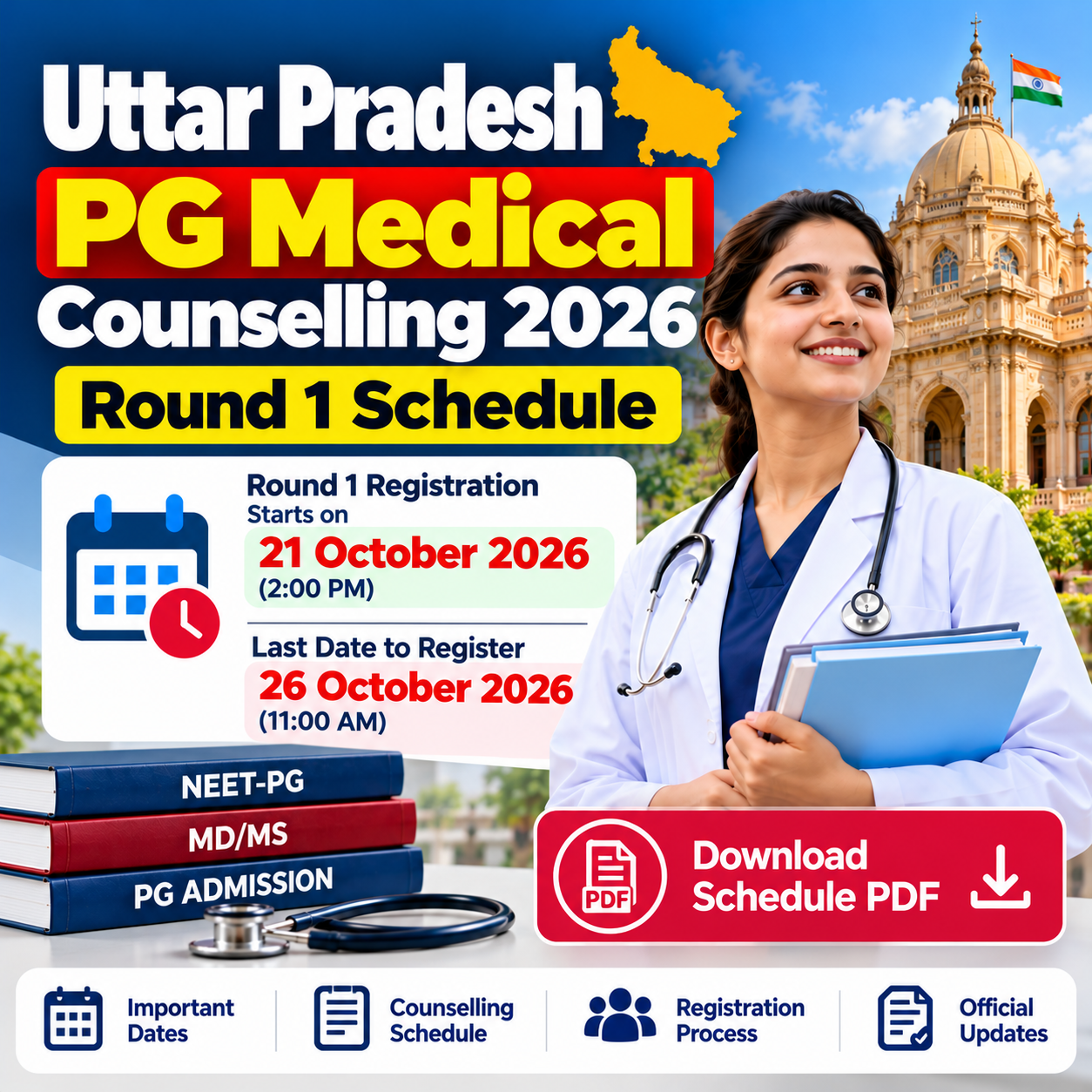 Uttar Pradesh PG Medical Counselling 2026: Round 1 Schedule, Registration Dates and Apply Online