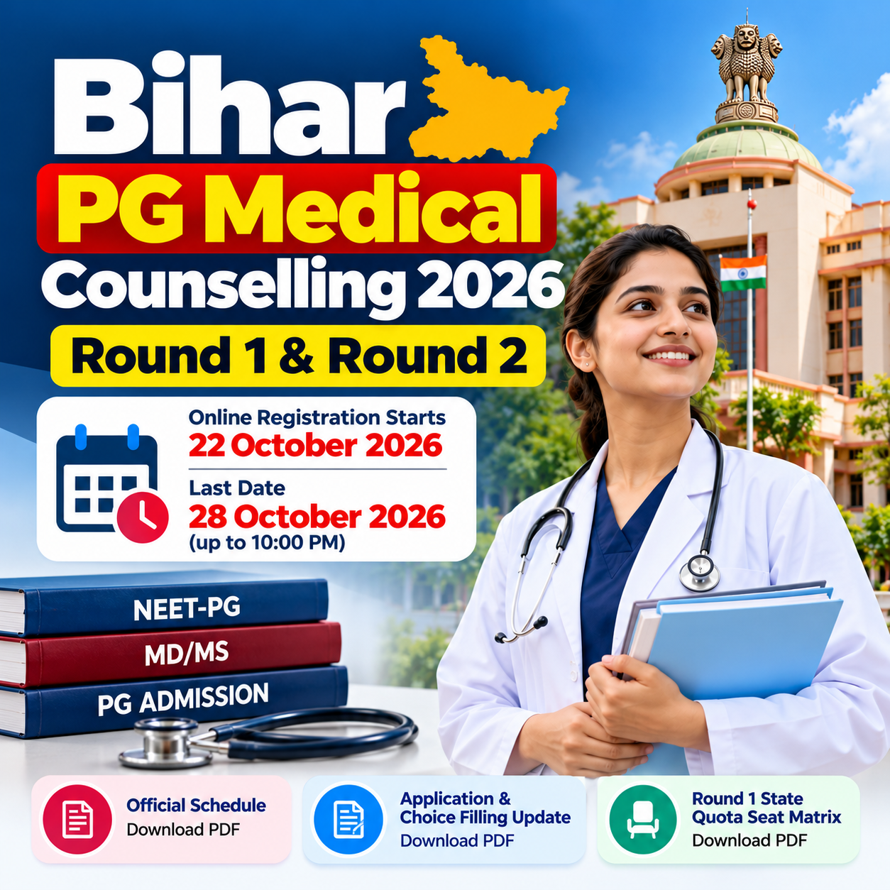 Bihar PG Medical Counselling 2026: Round 1 & Round 2 Schedule, Registration, Choice Filling and Seat Matrix
